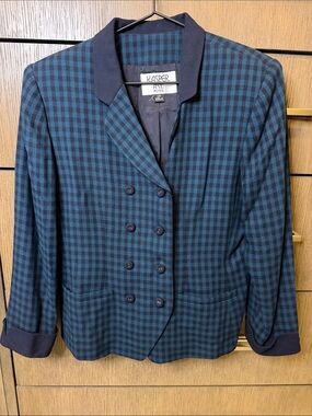 Vintage Kasper Navy & Teal Plaid Double-Breasted Blazer